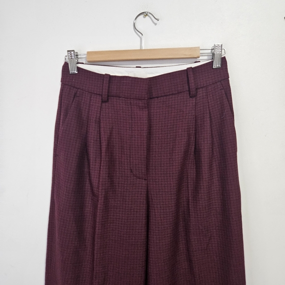 Aritzia Wilfred Effortless Pleated Wide Leg Trouser Pants Sz 6 Plaid Burgundy - Picture 2 of 10